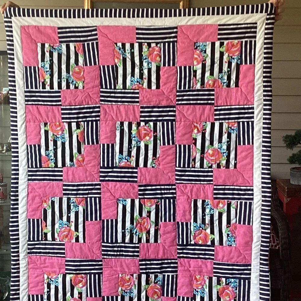 NWT. Hand Crafted Pink and Black Striped With Roses Floral Quilt